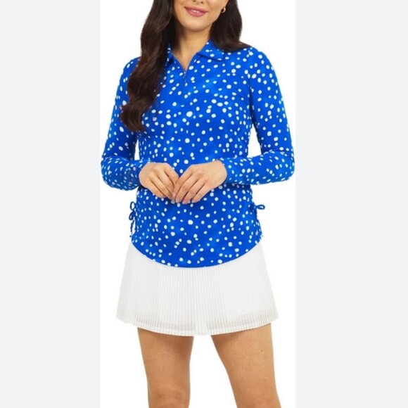 Ibkul Tops - Ibkul Dot Print Adjustable Length Long Sleeve Polo